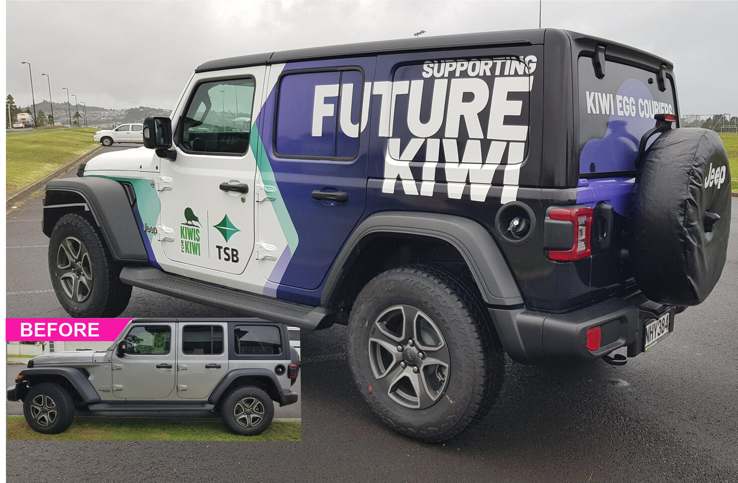 Signage Car Full Wrap - transformed from silver Jeep to Full Coloured wrap Silverdale and Central Auckland