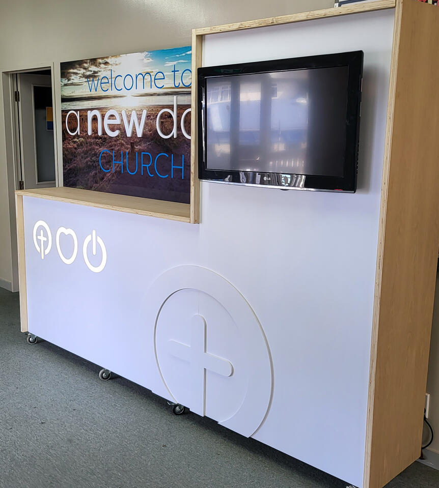 Red Beach Church Signage design and build - rolling welcome display and branding